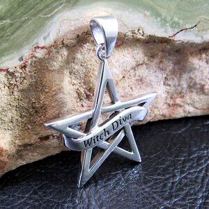 Solid 925 Sterling Silver Witch Diva Pentagram Pendant, Pagan Occult Jewelry